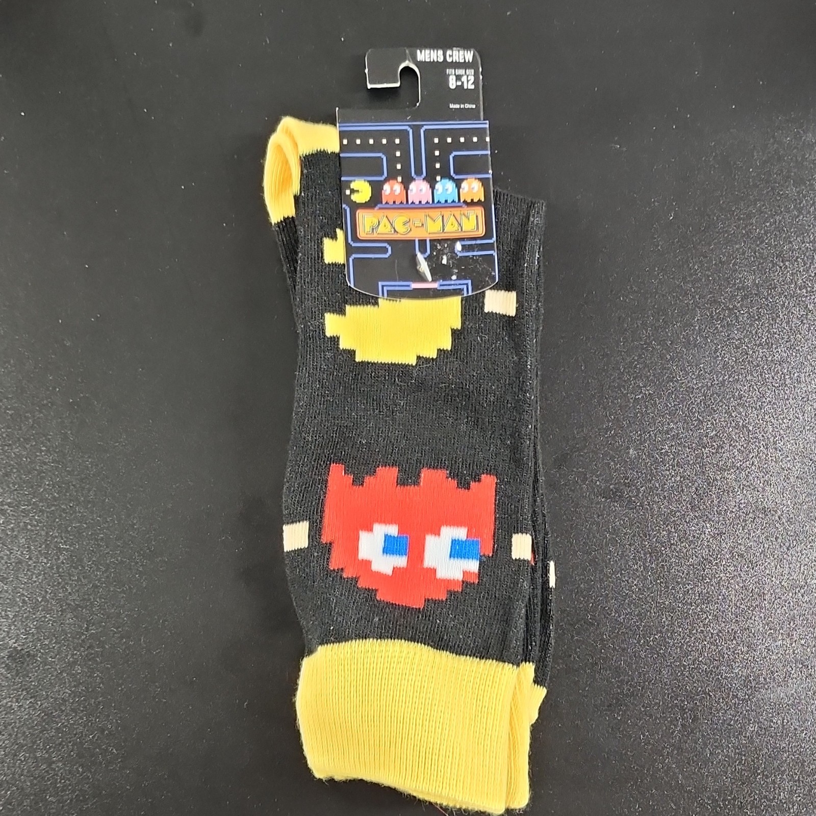 Bioworld Pac-Man Graphic Crew Socks Black Yellow Red Men 8-12 1 Pair