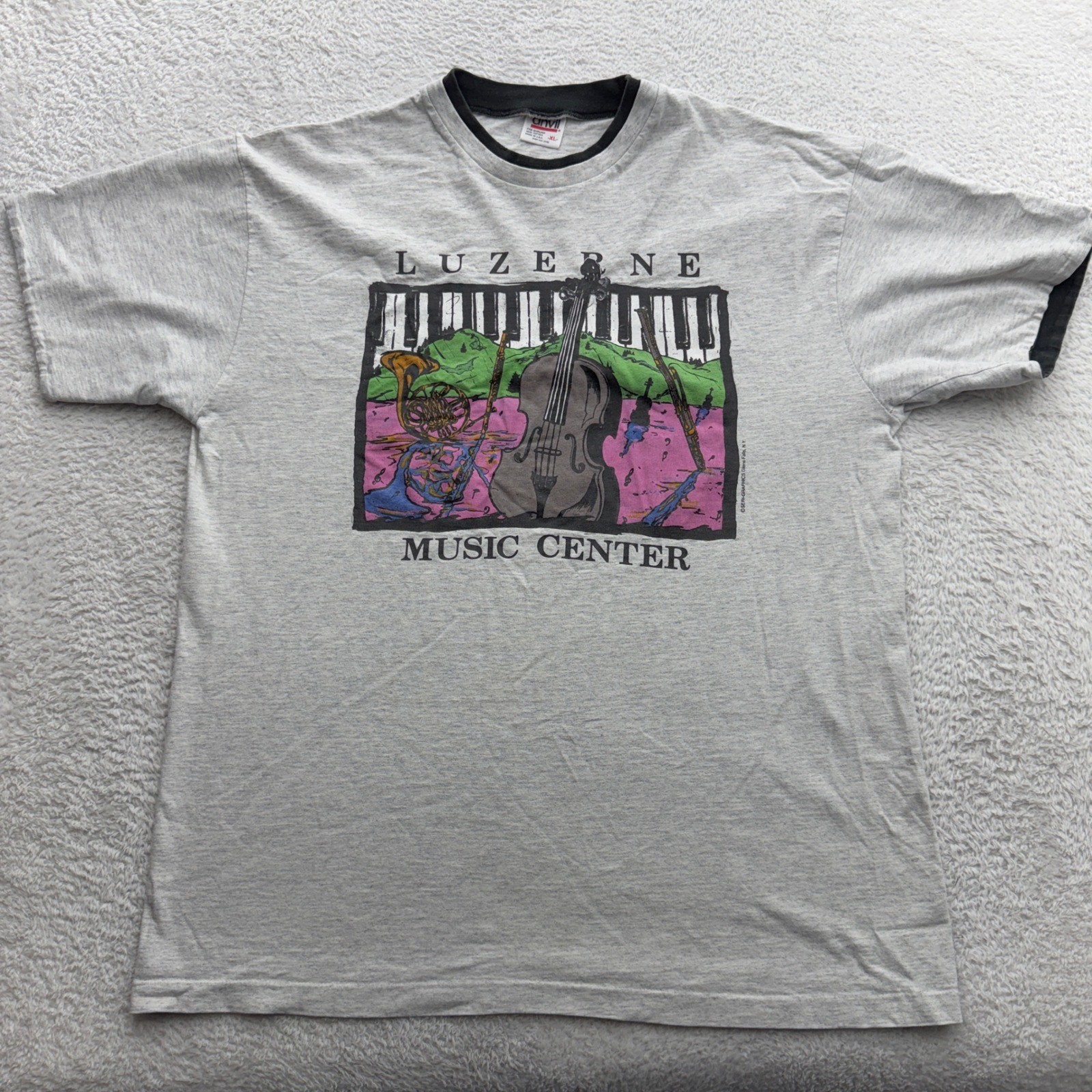 Vintage Anvil Luzerne Music Center Ringer T-Shirt Gray Mens XL Made in USA 90s