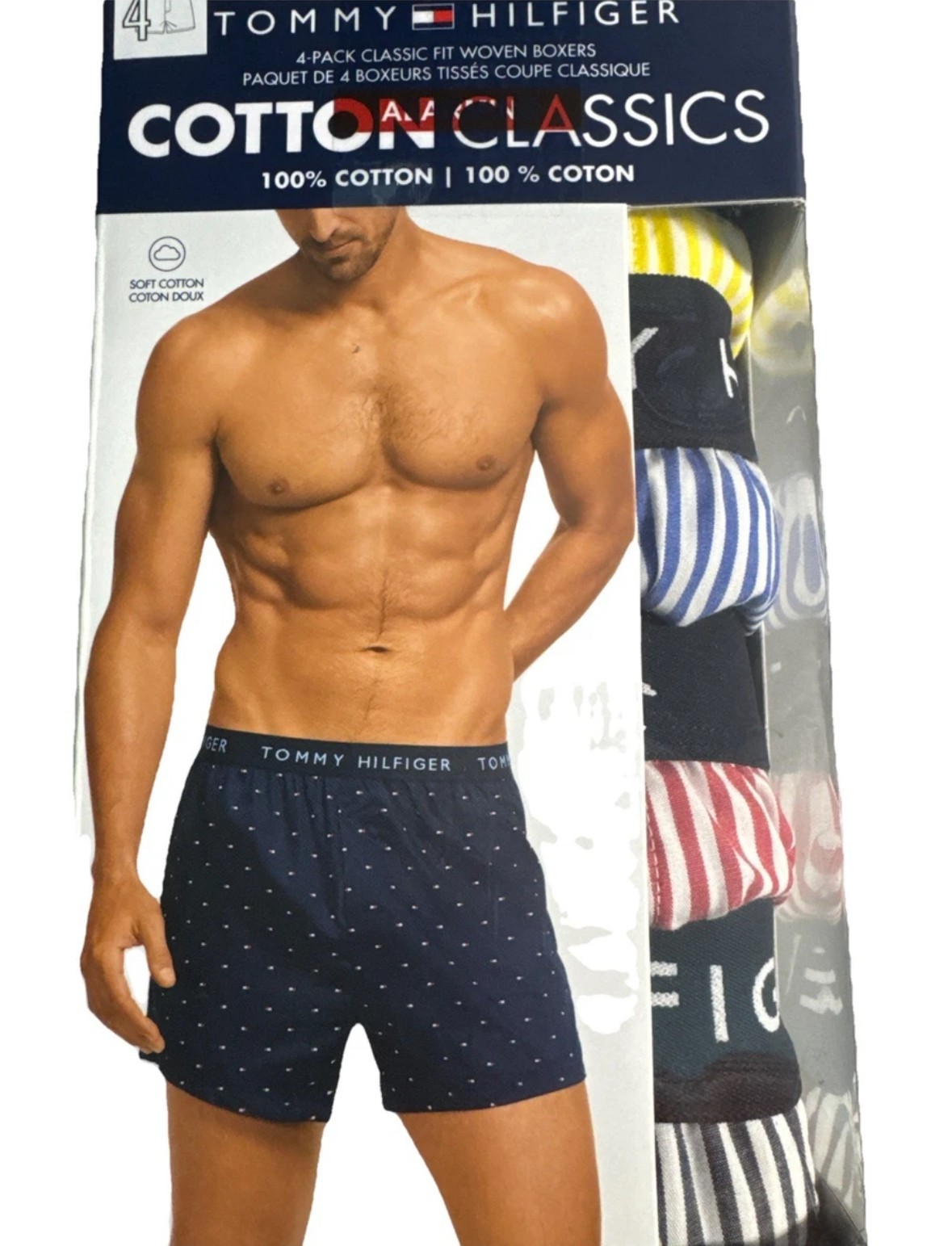 TOMMY HILFIGER Mens Woven Boxers 4 Pack S M L XL Blue 100% Soft Cotton Elastic
