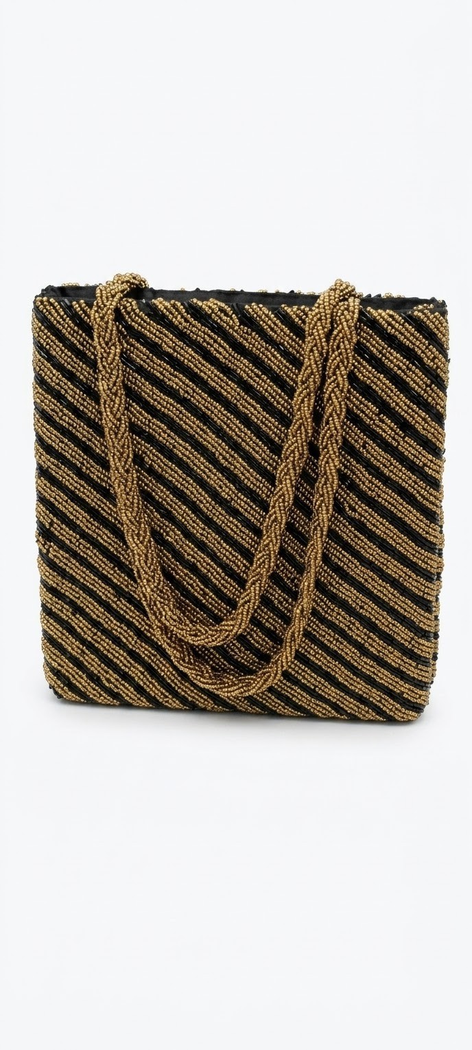 STYLISH VINTAGE-STYLE HAND-BEADED STRIPE EVENING TOTE CLUTCH BLACK & GOLD