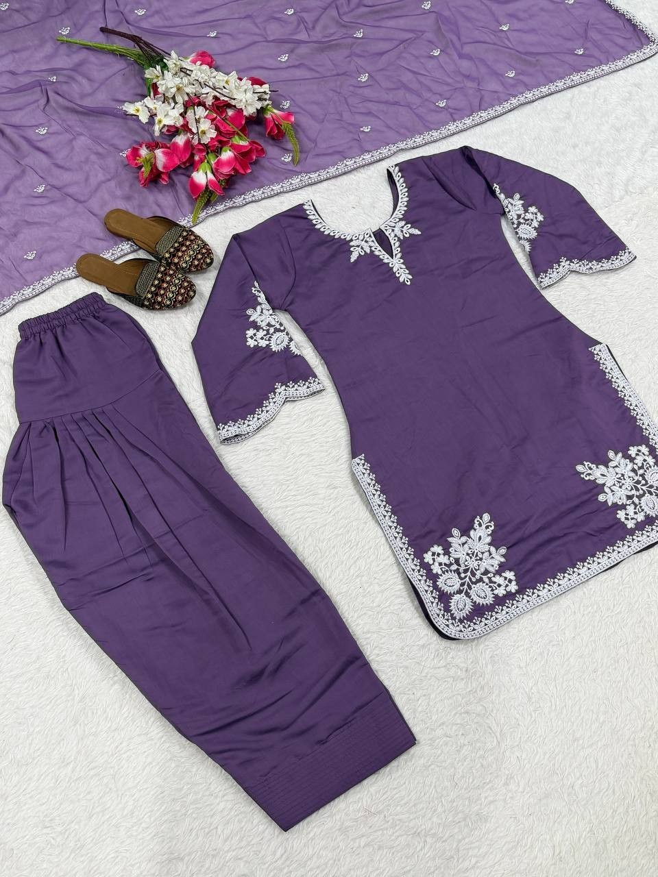 Designer Roman Cotton Purple Farshi Salwar Kameez With Dupatta For Festival