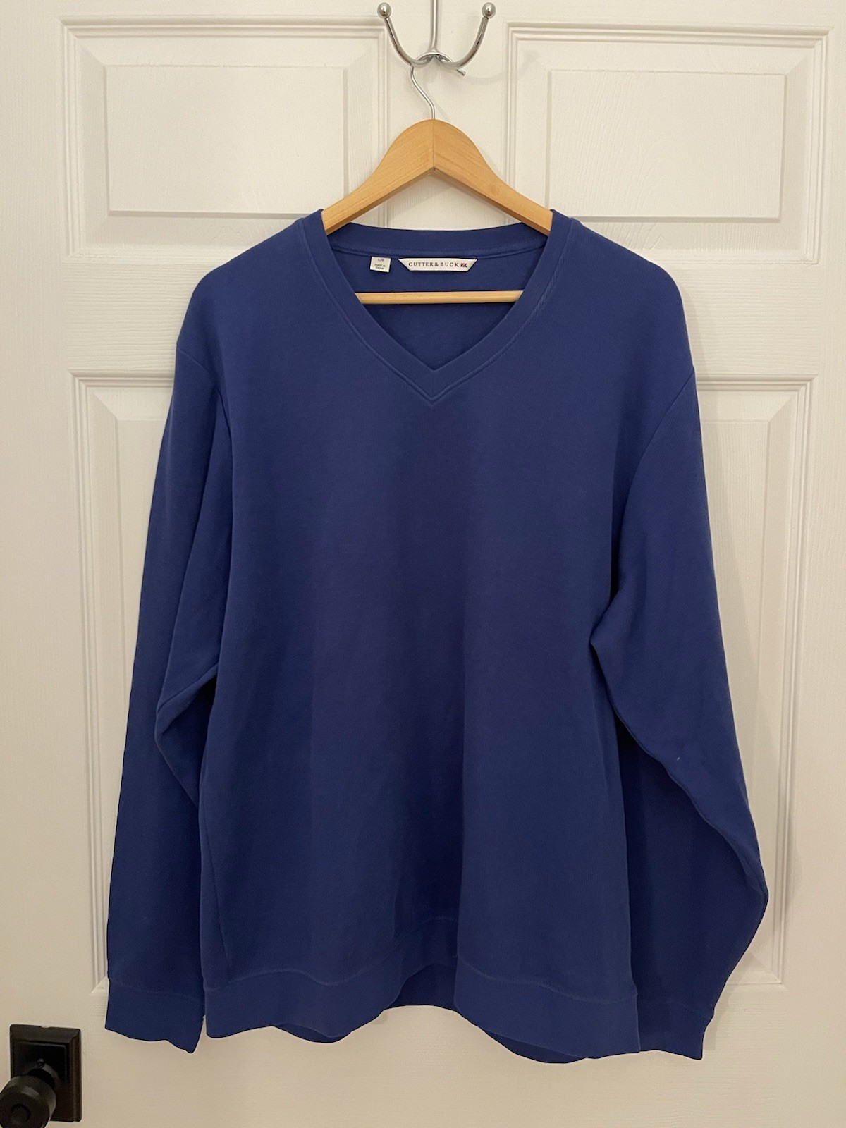 Cutter Buck Mens L Blue Pullover Cotton Vneck Longsleeve Breathable All Seasons