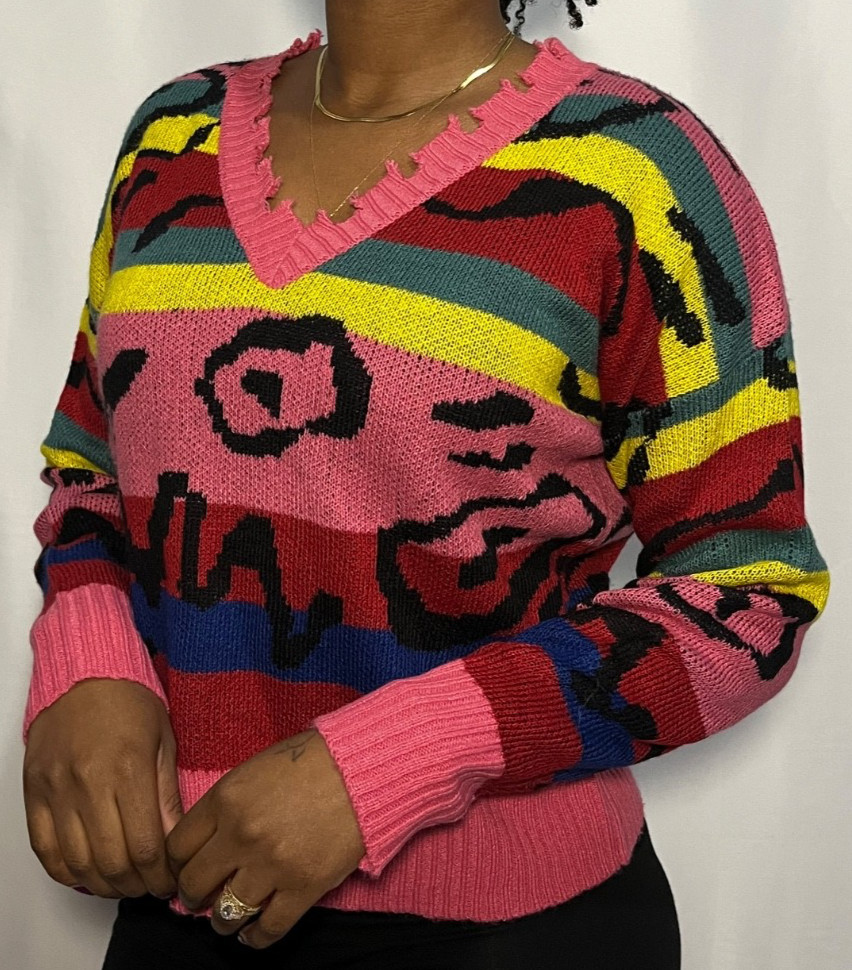 Trendy Threads Multicolored Patterned Knit Sweater