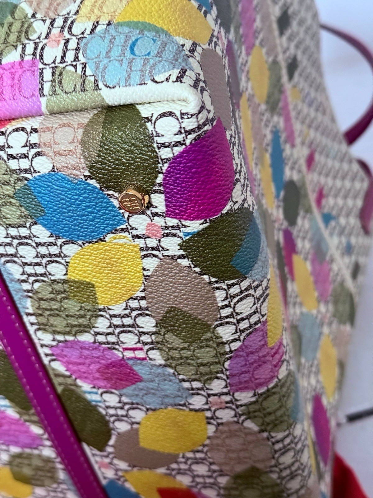 Carolina Herrera CH Monogram Multicolor Tote Purple Double Handles Padlock Key