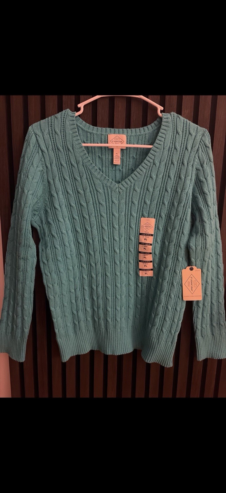 St. John’s Bay Women’s Petite Large PL Cable Knit V-Neck Sweater Turquoise NWT