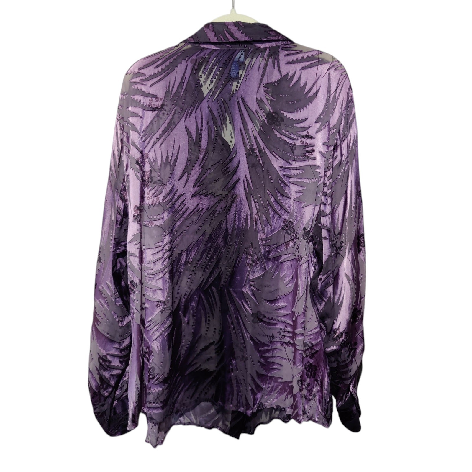 Notches Plus Sz 2X Purple Burnout Velvet Sheer Silk Button Up Shirt Art to Wear