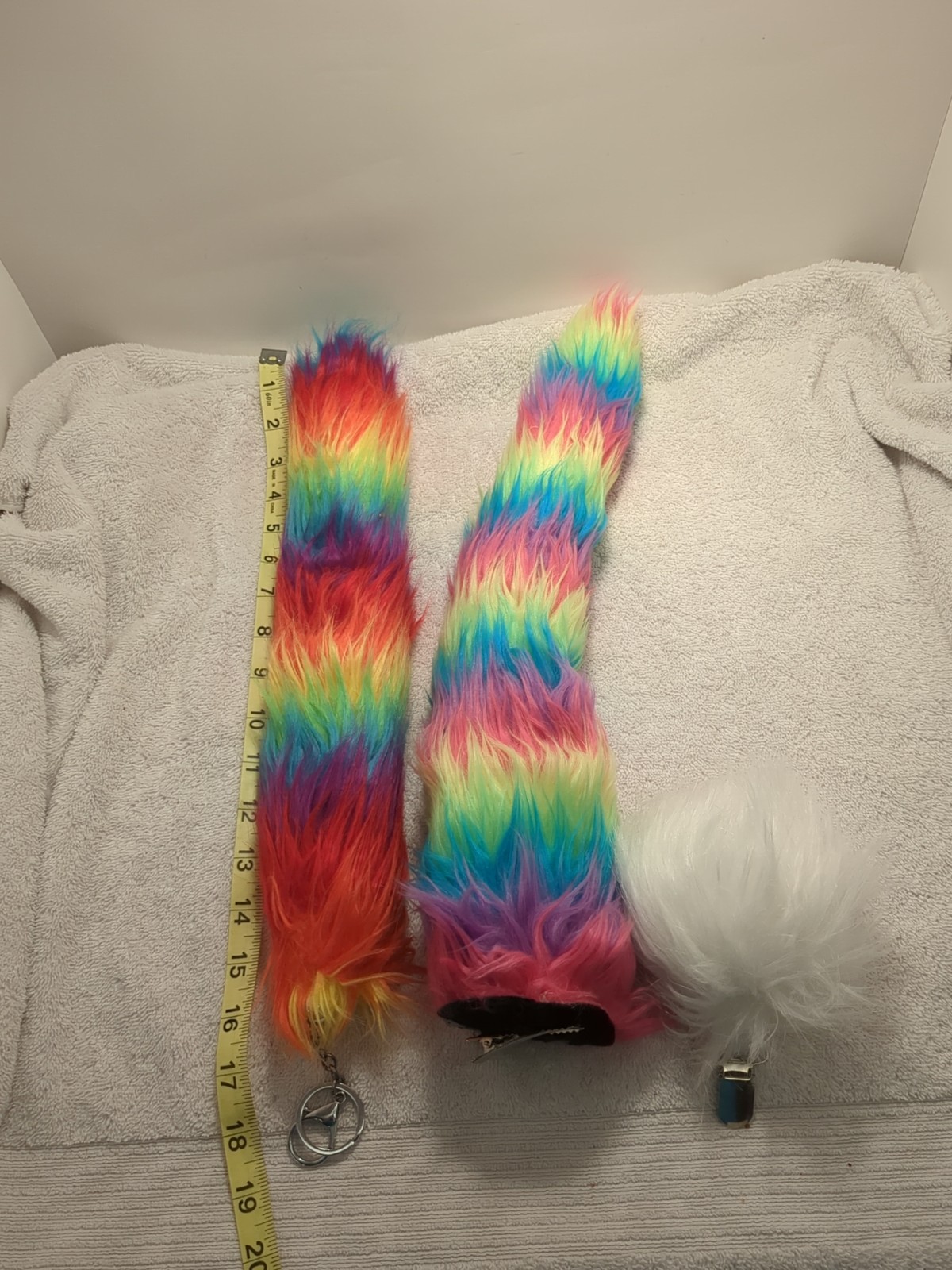 RAINBOW STRIPES GAY PRIDE 16″ FAUX FOXTAIL KEYCHAIN/CLIP, White Bunny Tail Lot