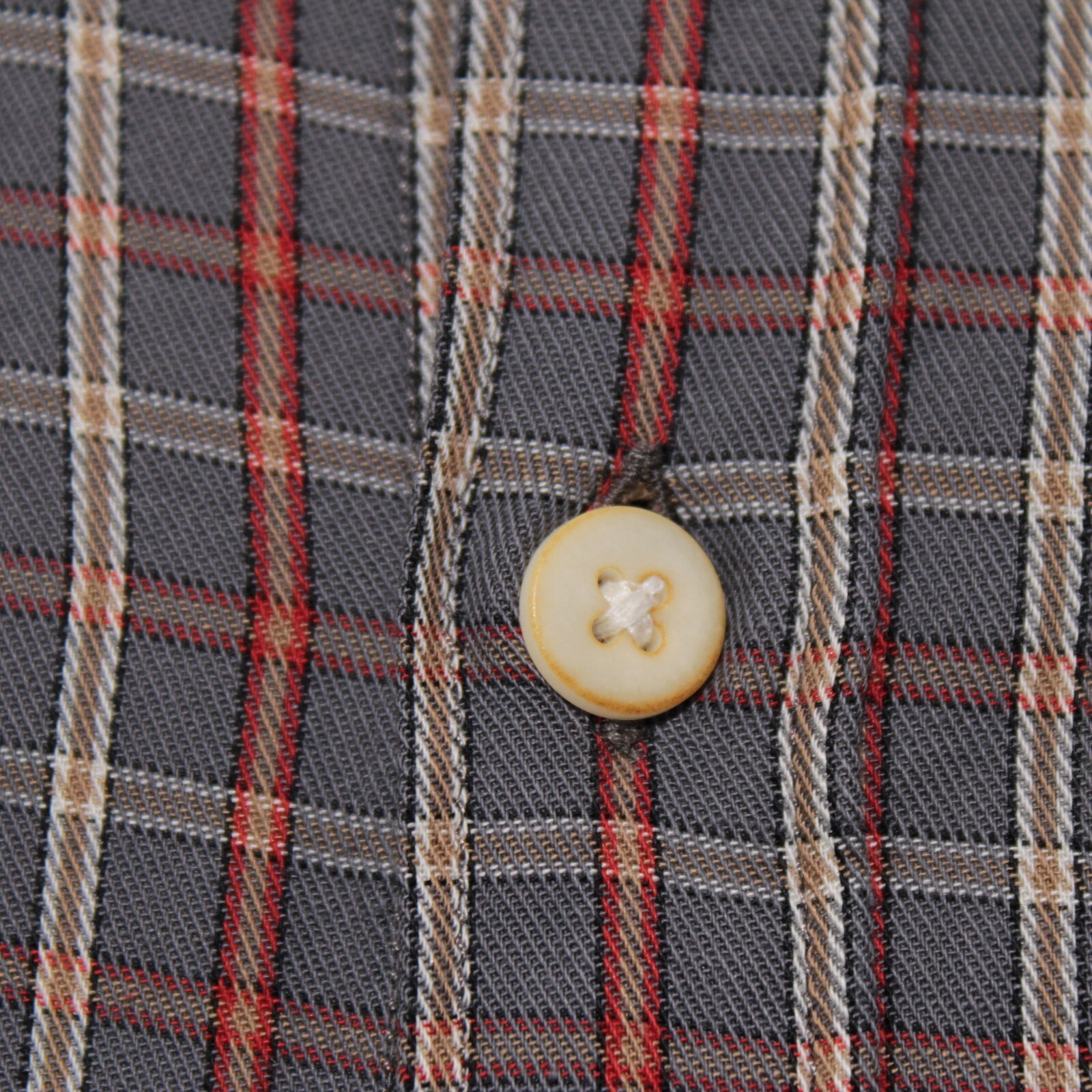 GMF NWOT Dress Shirt Size 46 18.5 in Gray/Tan/Red Check Plaid 100% Cotton