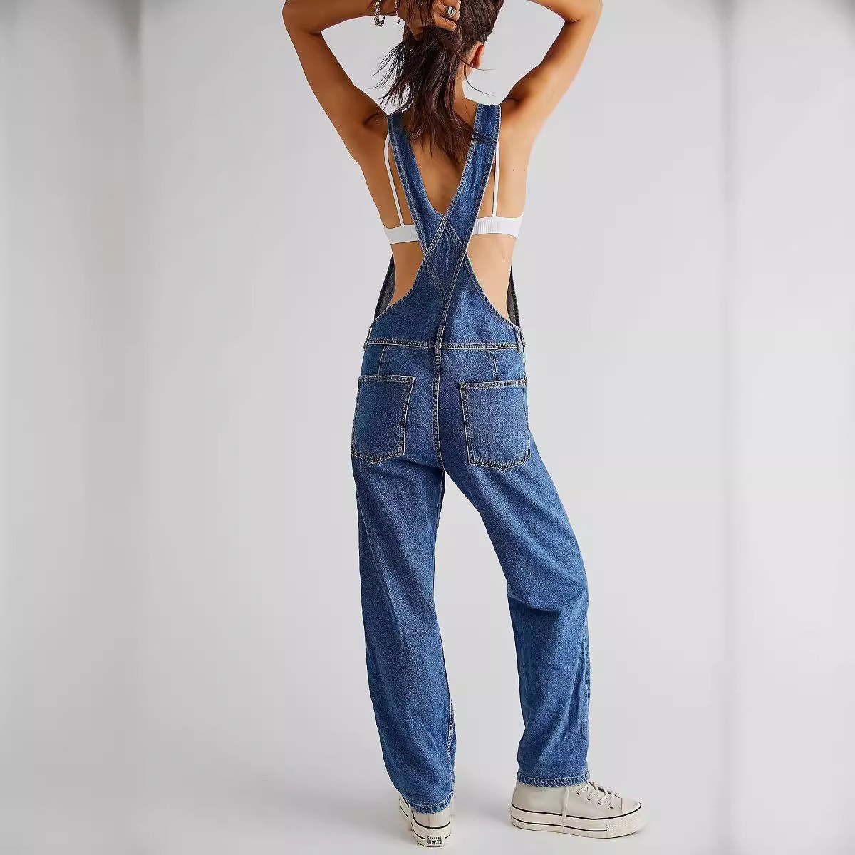 Women’s loose denim overalls (elastic straight leg wide leg, fashionable style)