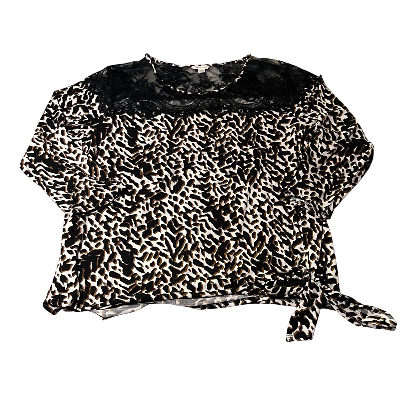 Cato Leopard Print Lace Yoke Side Tie Blouse Womens 18/20W Black Brown Knit Top