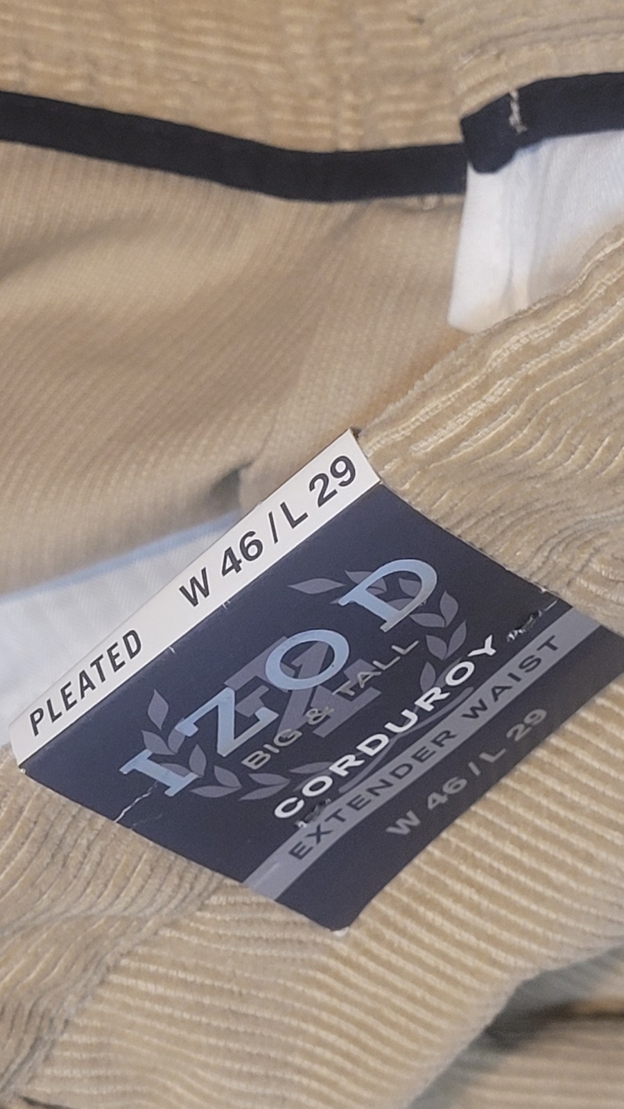 NEW IZOD 46 x 29 CORDUROY TAN PANTS PLEATED EXTENDED WAIST 100% COTTON