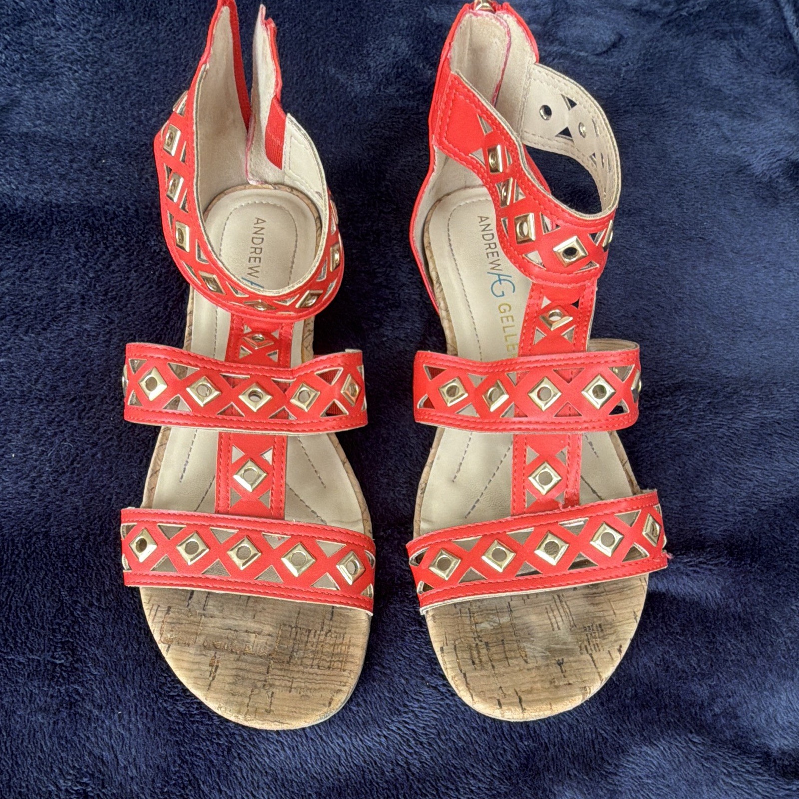 Andrew Geller Coral Studded Strappy Buckle Wedge Sandals Women’s 7.5