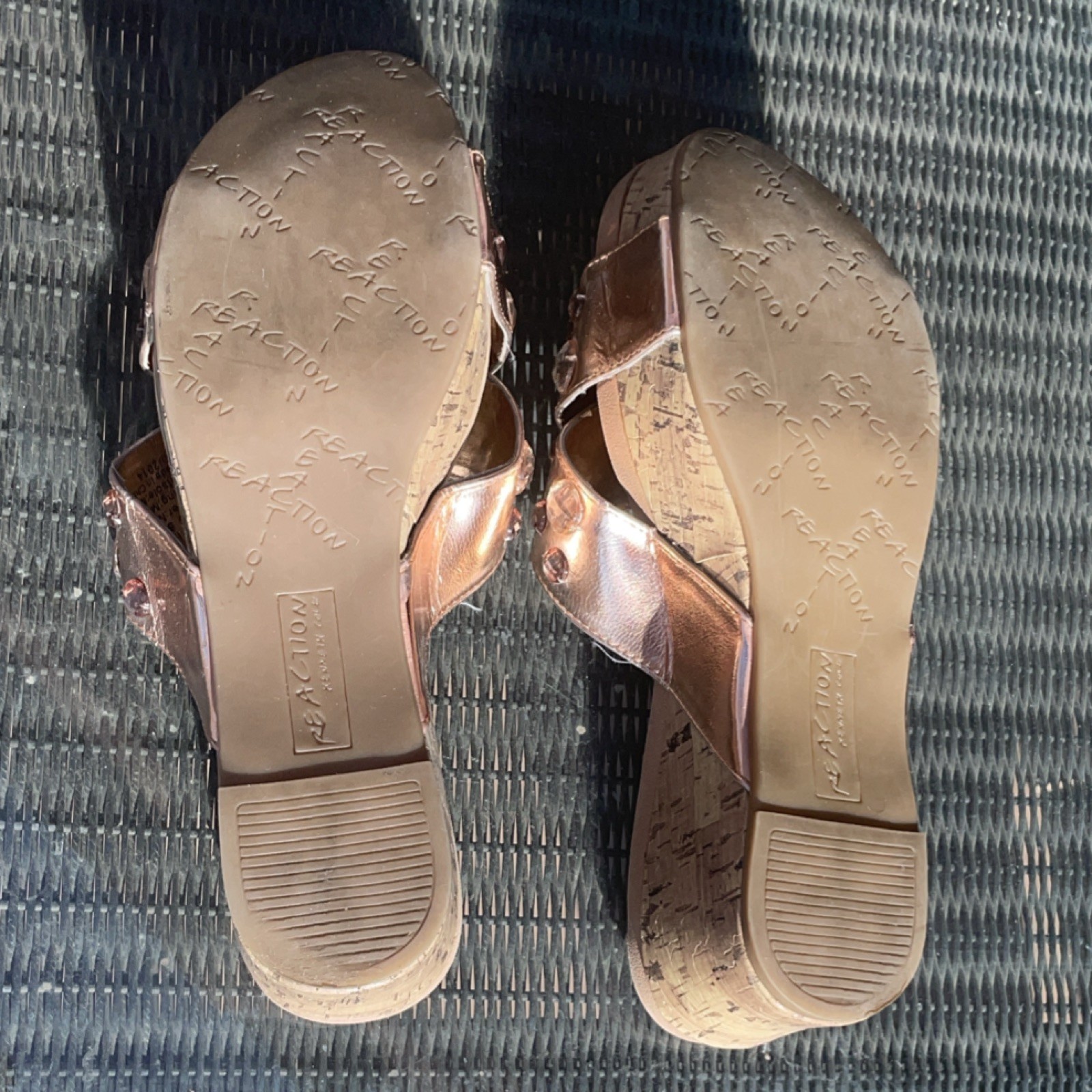 Kenneth Cole Reaction Women’s Gold Studded Rhinestone Wedge Slide Sandals 8M