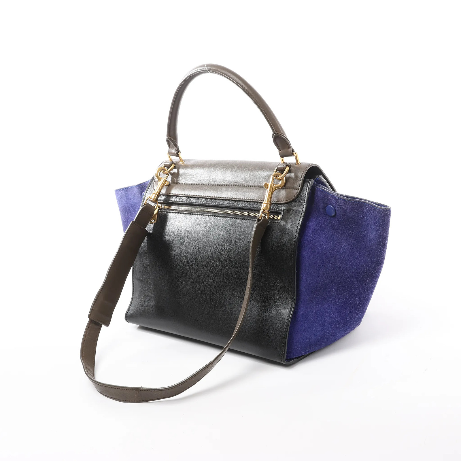 CELINE Trapeze Leather x Suede 2Way Handbag in Brown x Navy Blue x Black