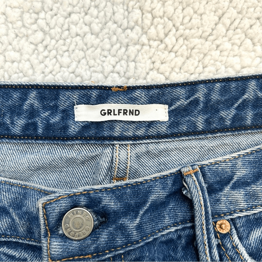 GRLFRND Eva Mini Medium Wash Distressed Denim A-Line Skirt Size 29