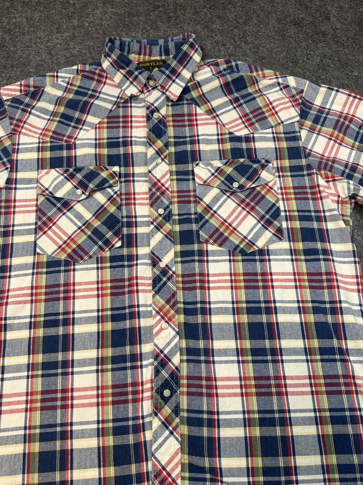 Rustler by Wrangler Shirt Mens 2 XL Western Cowboy Pearl Snap Plaid Short Sleeve