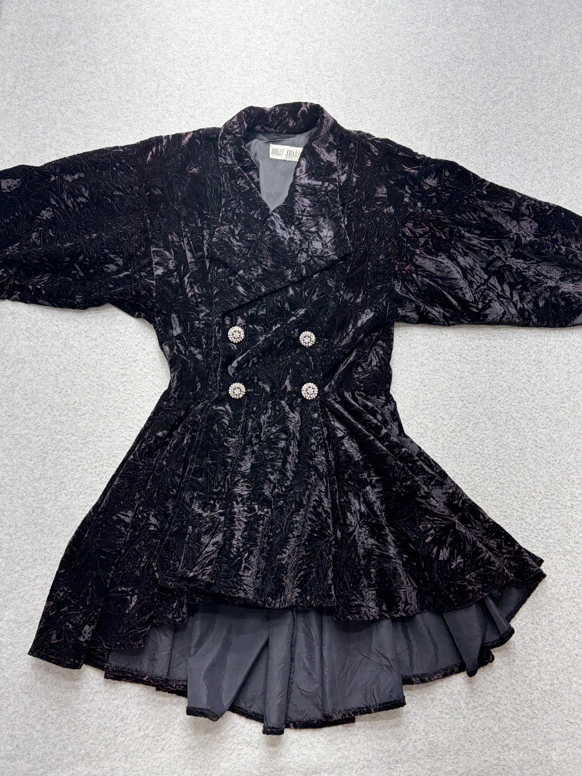 Vintage Holly Sharp Dress Womens Small Black Crushed Velvet Double Breasted 80s