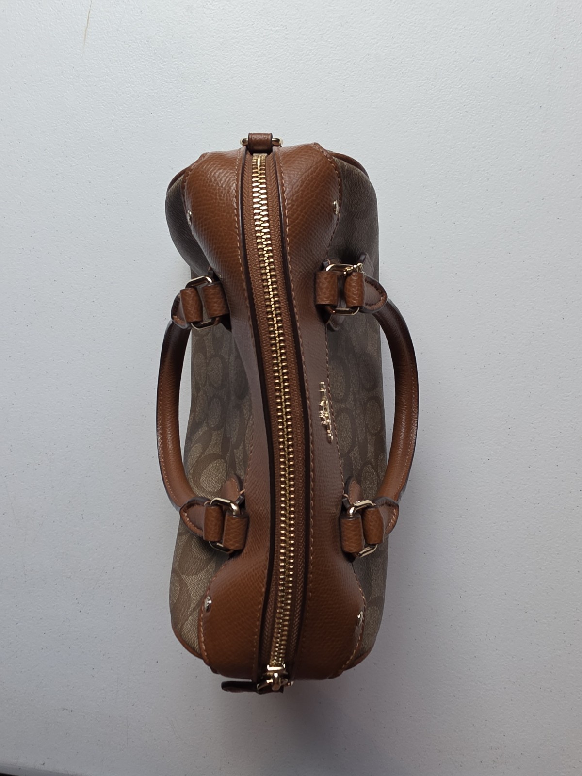 Coach Signature Zip Top Satchel Brown/Tan Gold Hardware Detachable Strap Charm