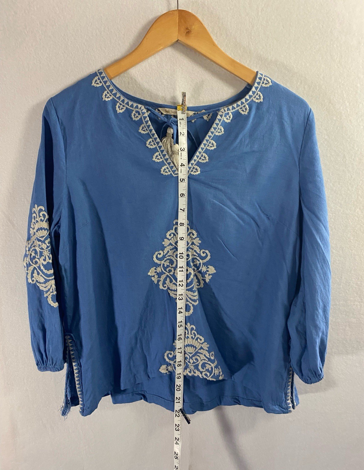 Soft Surroundings Embroidered Tie Tassels Cotton Gauze Tunic Top Blue Size M