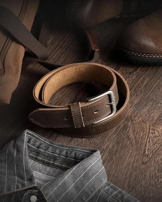Men’s Genuine FULL GRAIN Leather Belt, Brown Zinc Alloy Pin Buckle Size 28-46