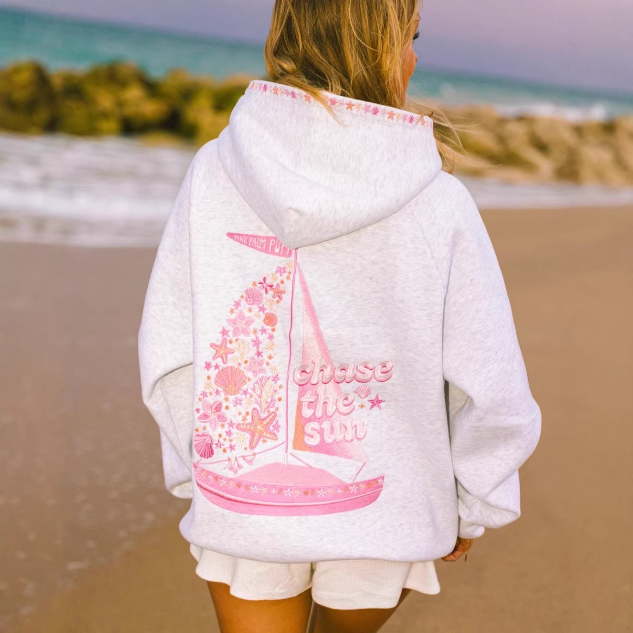 New Palm Puff Graphic Letter Print Hoodie Women Long Sleeve XS-XXL