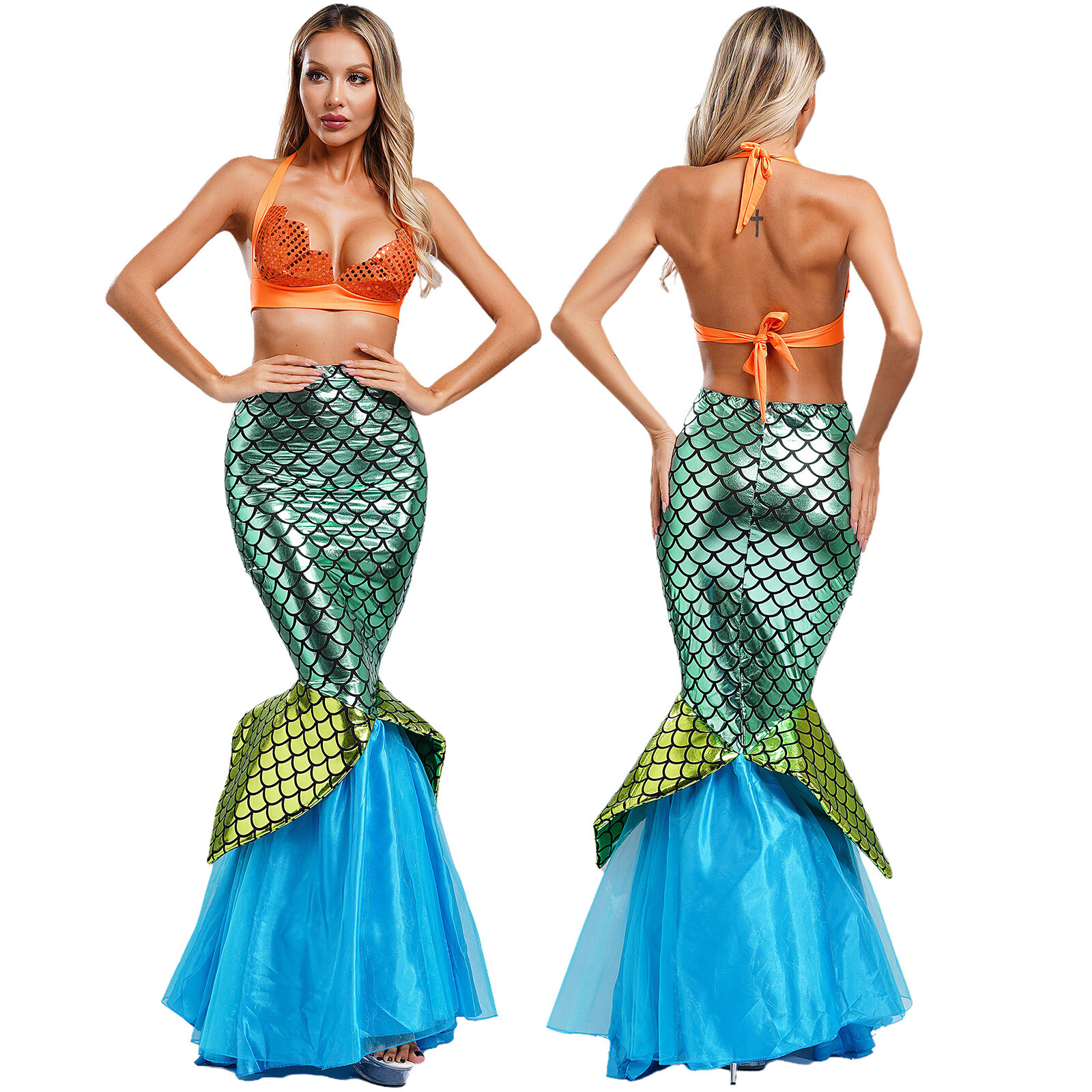 US Womens Halloween Bra And Maxiskirt Cosplay Ladies Mermaid Fish Scale Printing