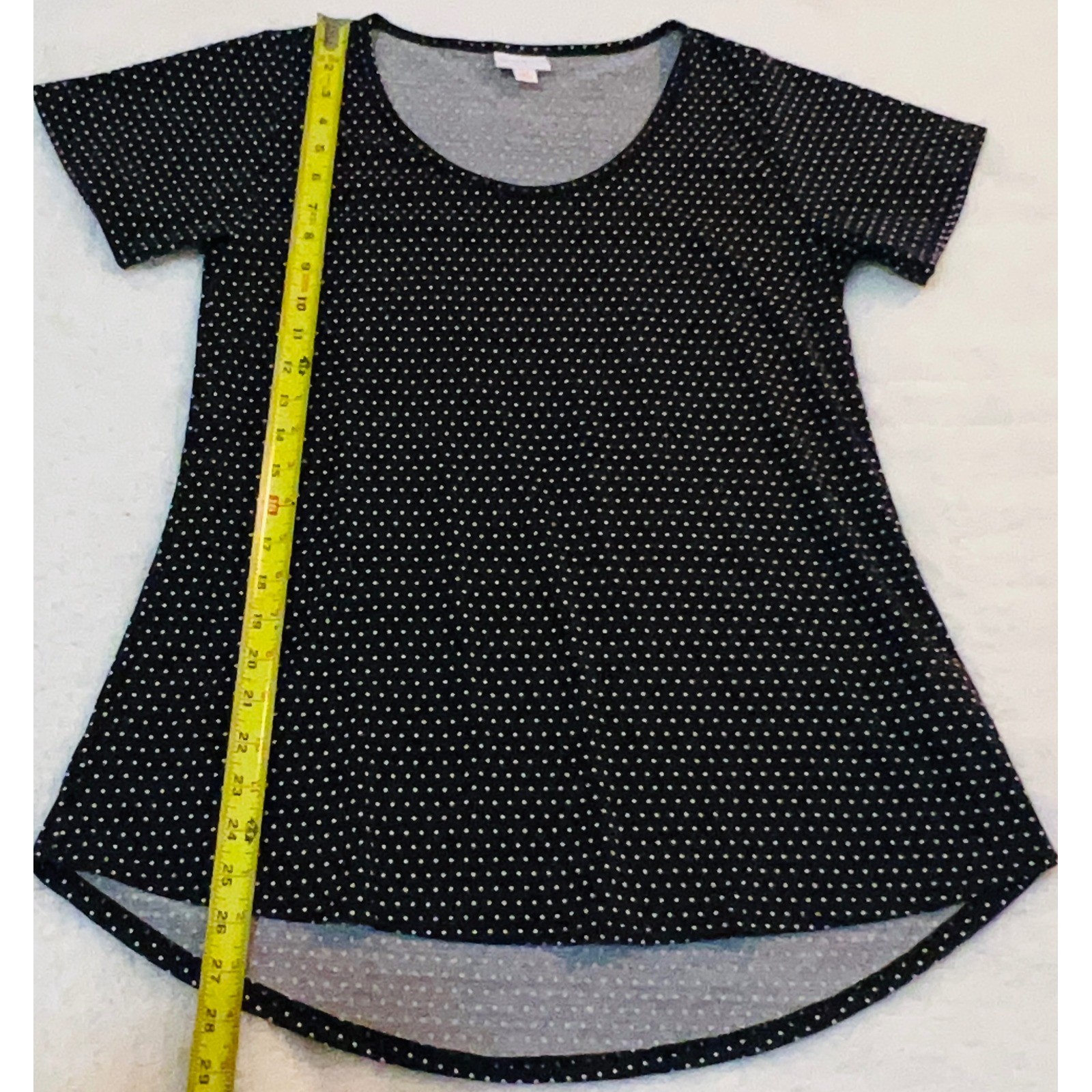 LuLaRoe Perfect TShirt Womens XS Black White Polka Dot High Low Short Sleeve Top