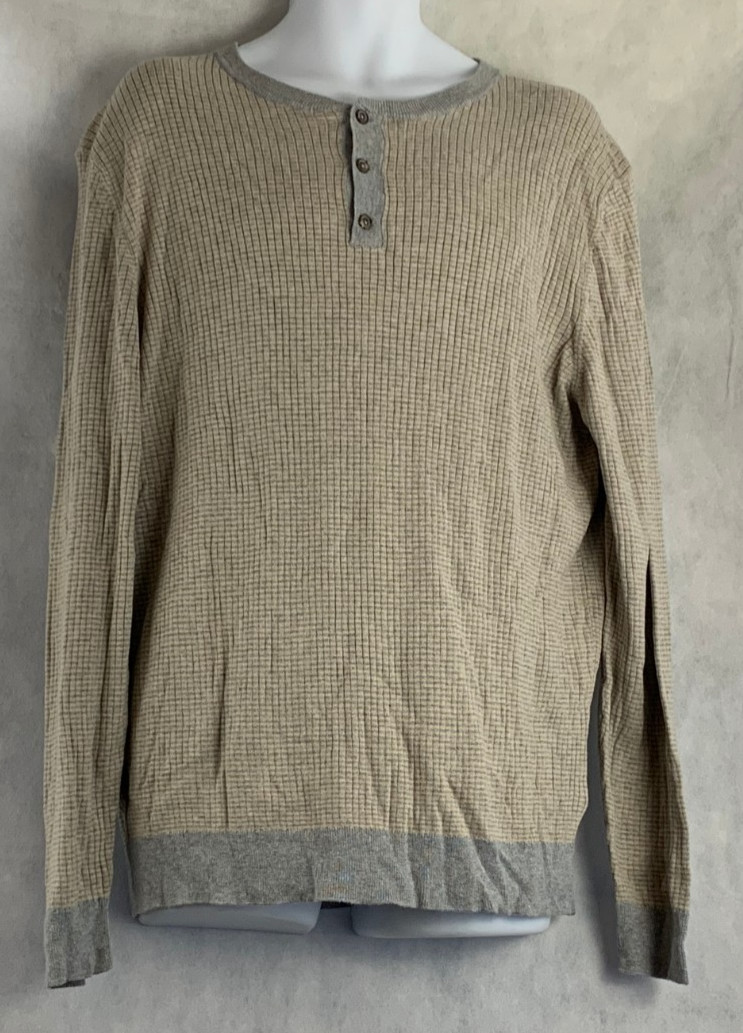 Tasso Elba Men’s Luxe Striped Long-Sleeve Henley Shirt, Taupe Combo, XXL