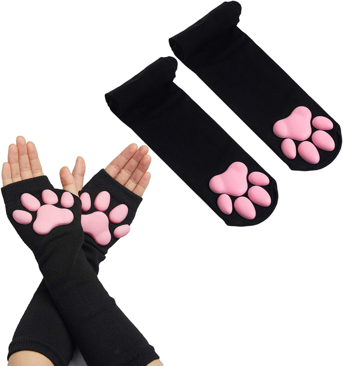 Cat Paw Thigh High Socks Golves, Cute Soft 3D Toe Beans Socks Mittens Kitten Cla