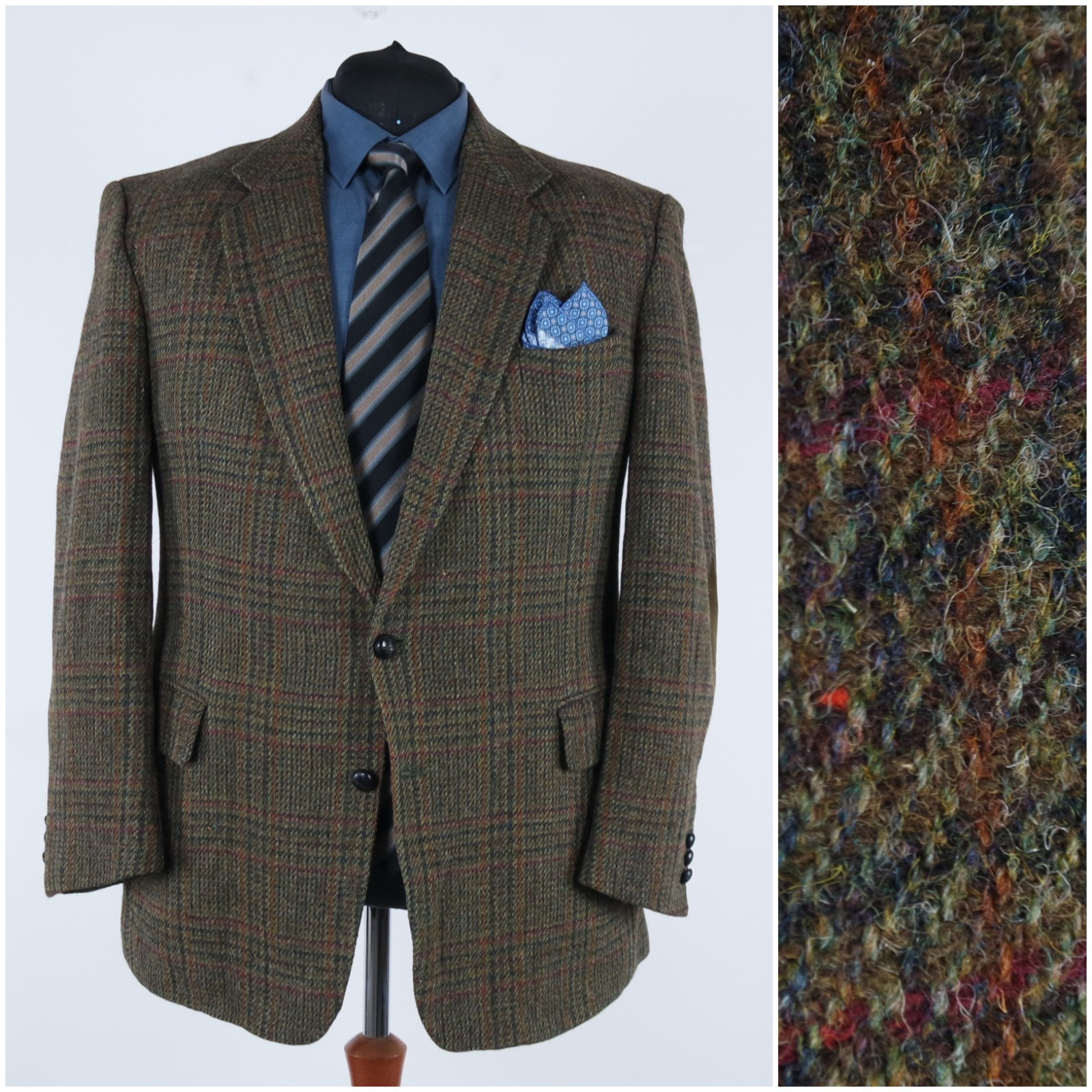 Mens Check HARRIS TWEED Jacket 50R US Size Dark Green Wool Sport Coat Blazer