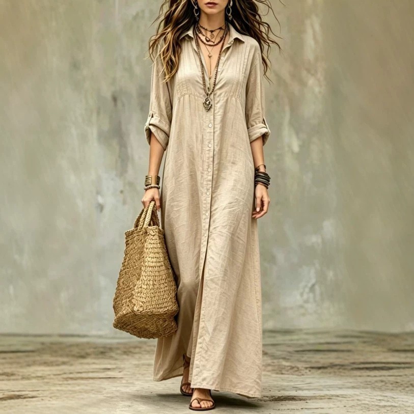NEW Shirt-collar Floor-length Casual Simple Long Dress Sizes S-4XL