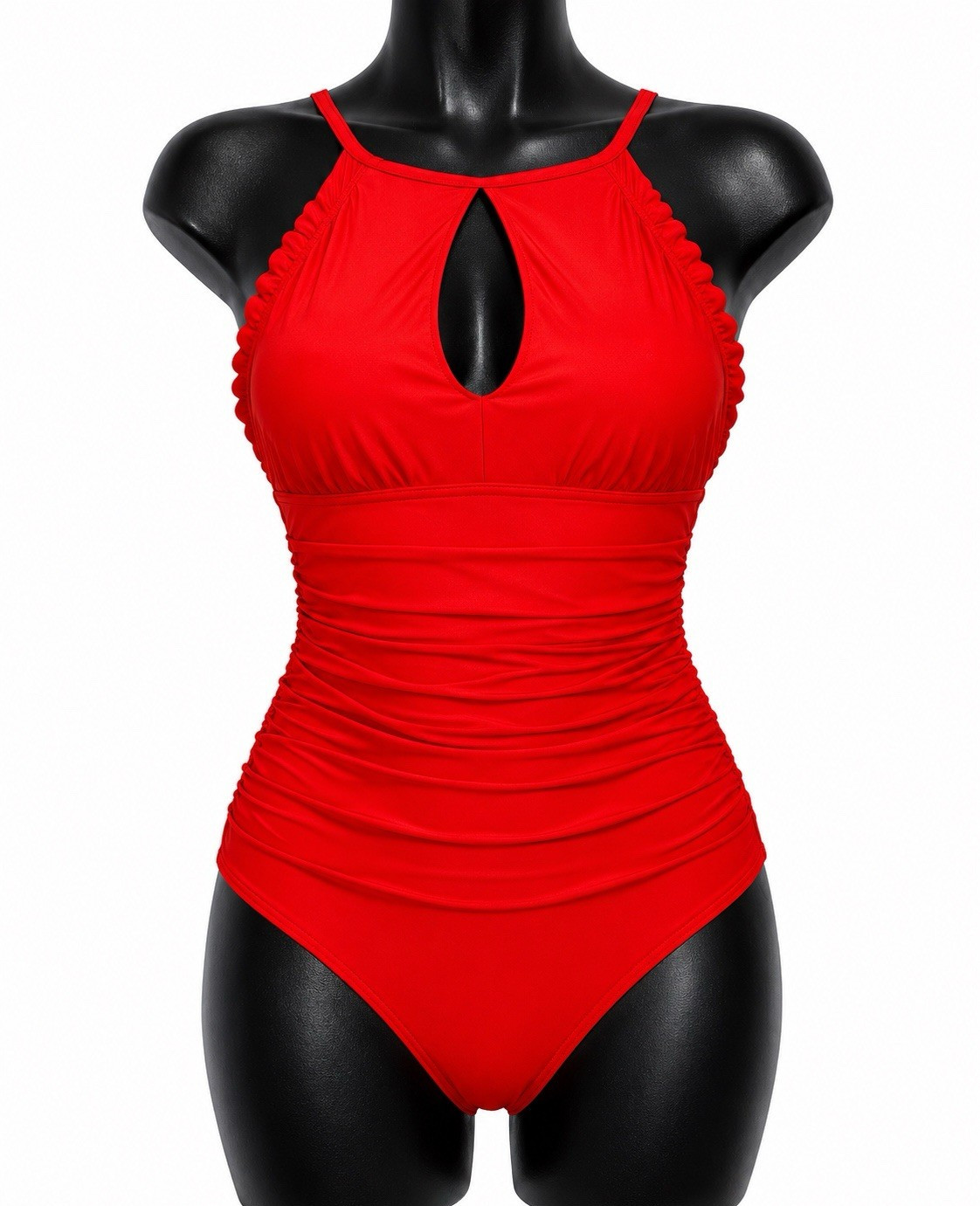 Ellen Tracy Women’s Red Keyhole Ruched Halter One Piece Swimsuit Size 12 B
