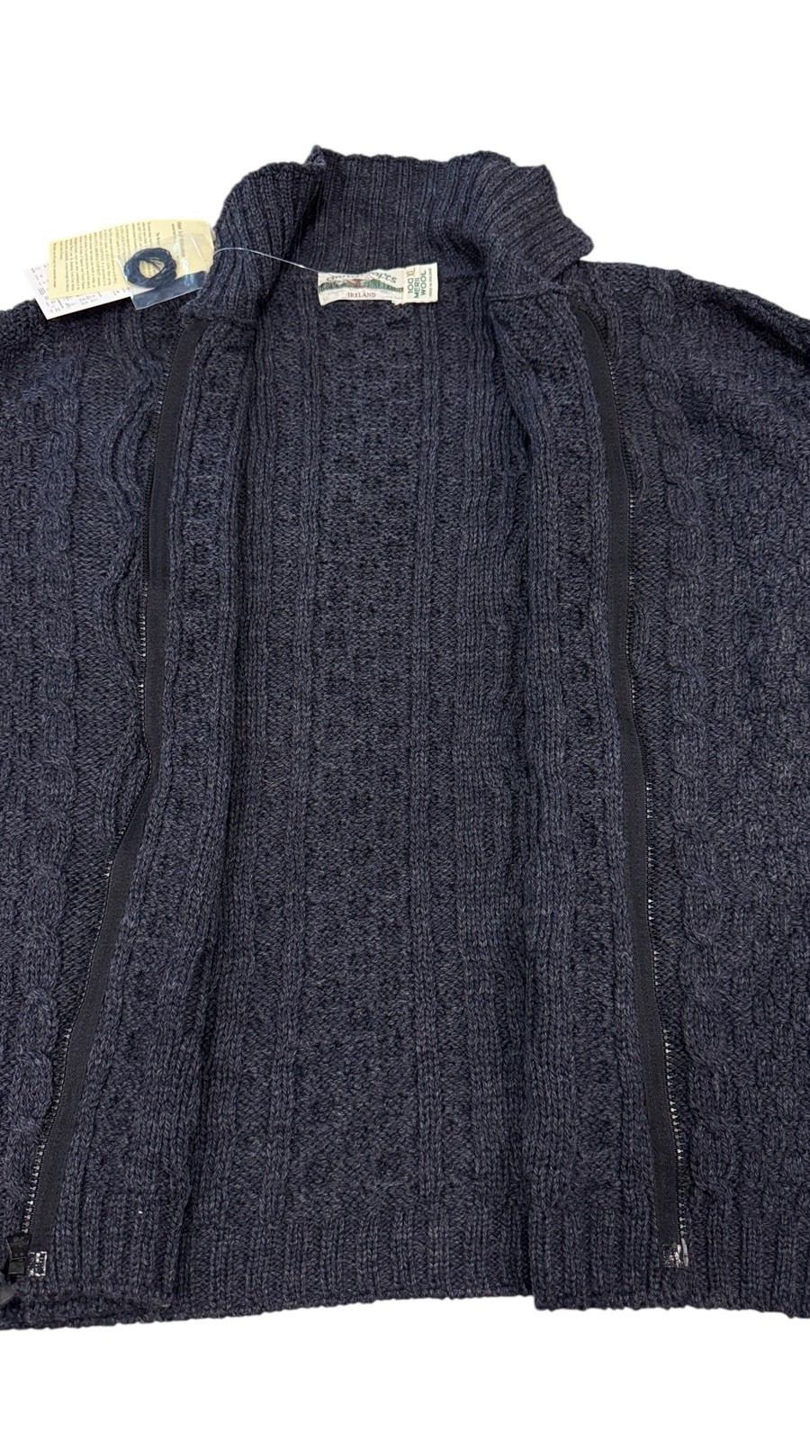 Aran Crafts Merino Wool Zip Cardigan Sweater Ireland Cable Knit XL New Navy