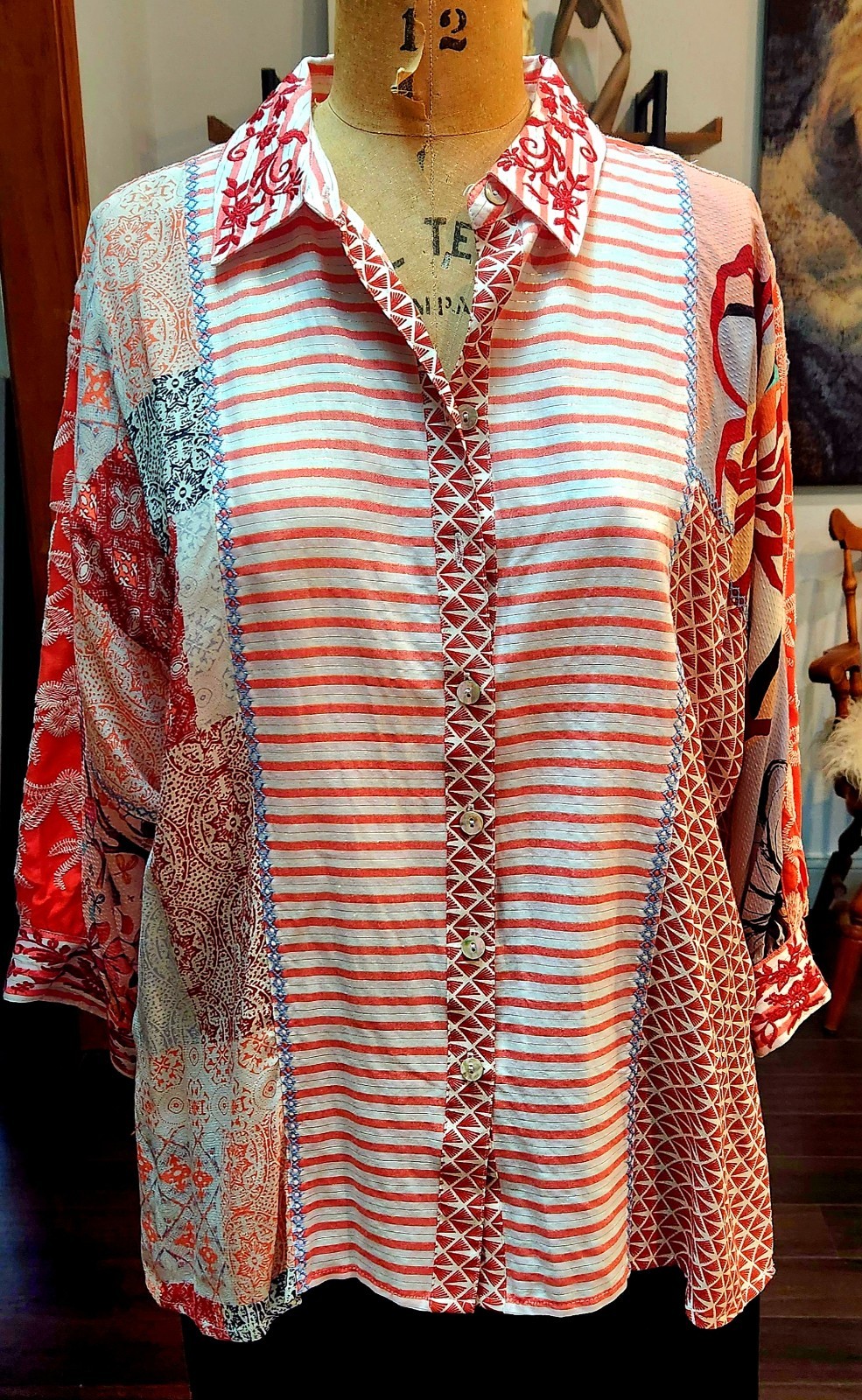 John Mark Patchwork Embroidered Blouse Size S/M Coral Scallop Panel NWT