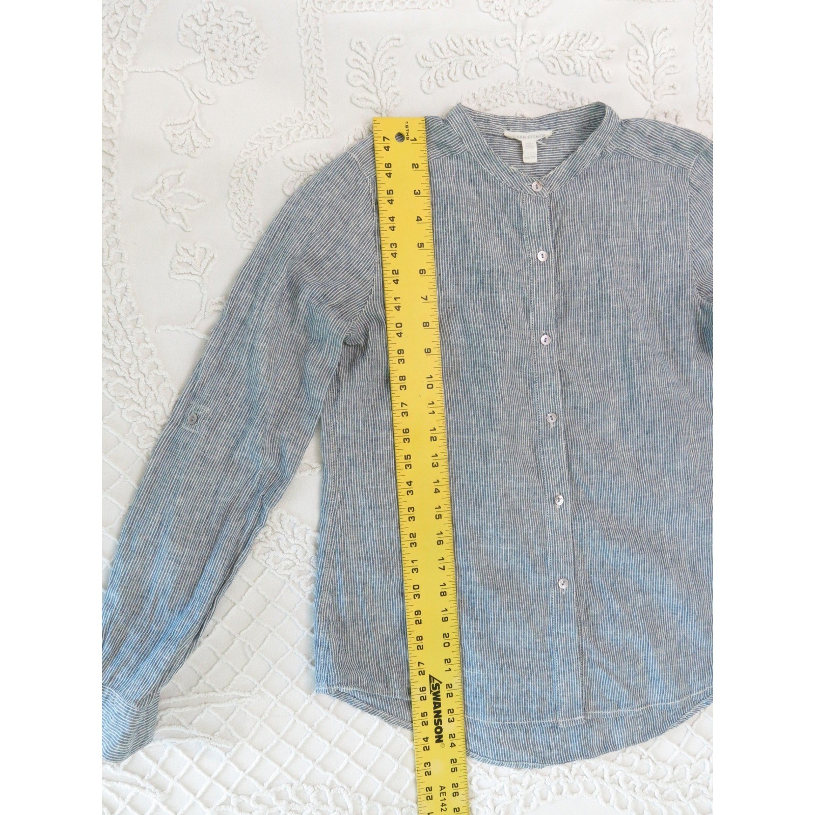 Eileen Fisher Hemp Organic Cotton Striped Mandarin Collar Blouse Blue XXS