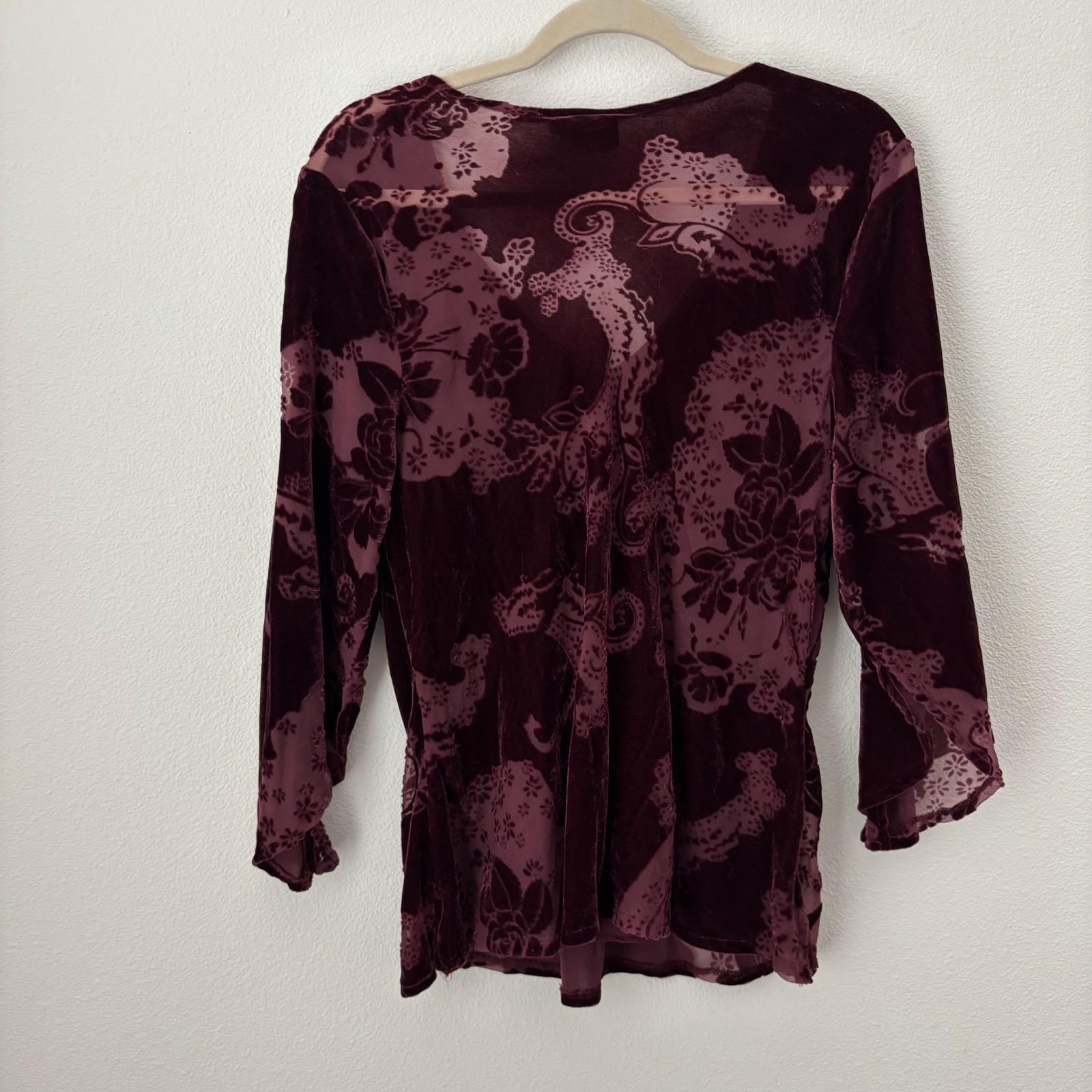 Vintage Fashion Bug Top XL Burgundy Floral Velvet Burnout Whimsigoth Fairy Y2K