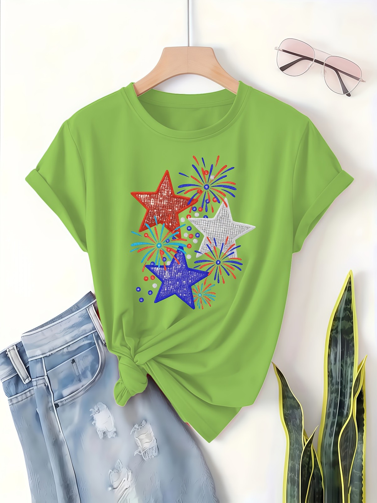 Women Patriotic T-Shirt Stars American Fireworks Design Casual Tops Pullover √