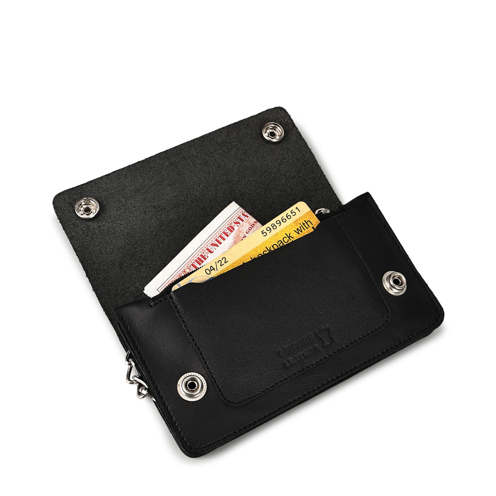 Leatherboss Men Motorcycle Trucker Biker Chain Wallet With Inside Zipper, Black