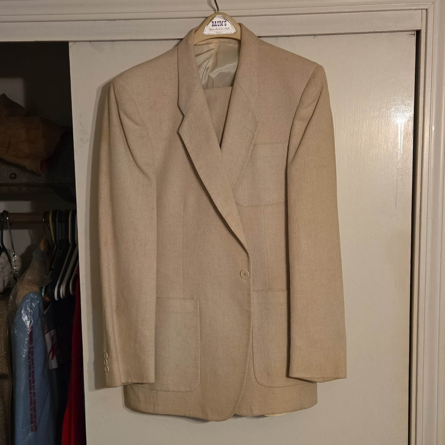 Sivanti Men’s Beige Solid 2-Piece Wool Suit 1-Button Pleated Pants Sz 28