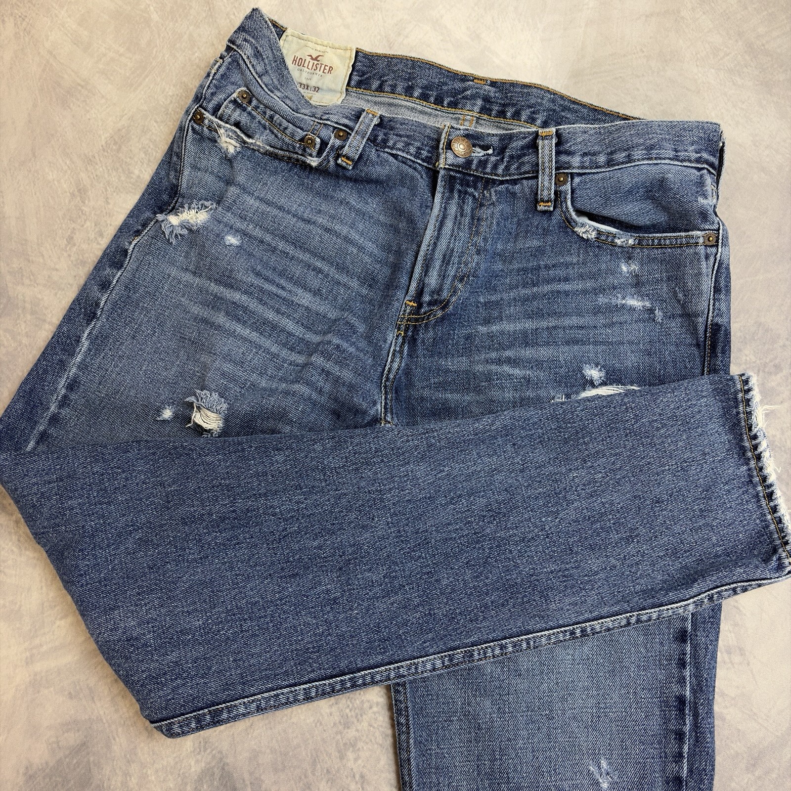 Hollister Jeans Mens 33×32 Distressed Slim Straight Blue Denim Frayed Hem