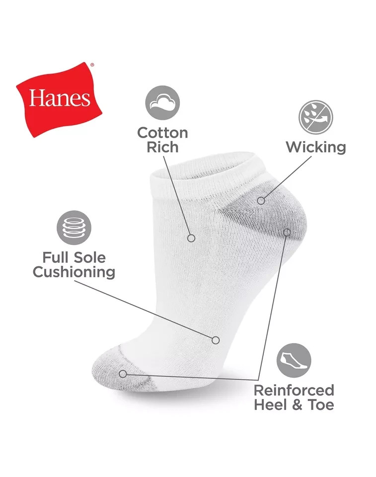 Hanes 6 Pack Premium Men’s Cushion Socks, Ankle, White, Shoe Size 6-12