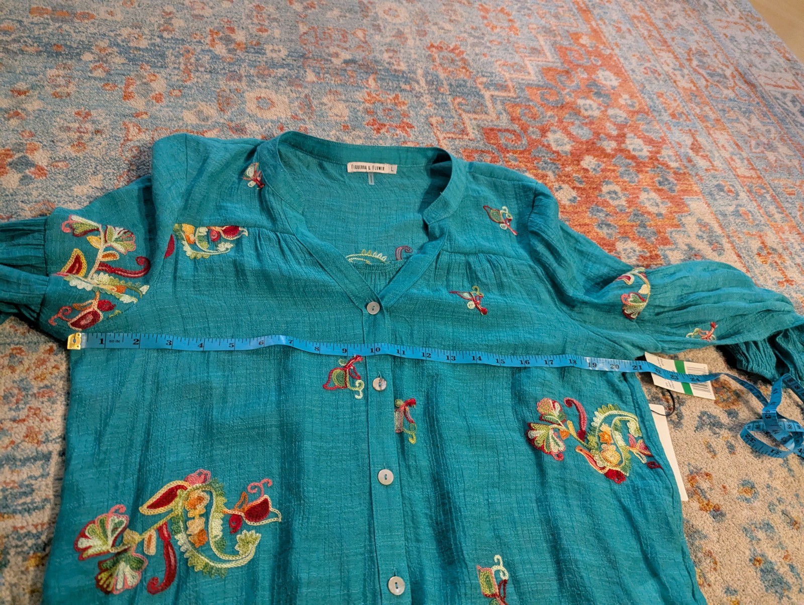 NEW Figueroa & Flower Women’s Large Turquoise Embroidery Boho Blouse Semi-sheer