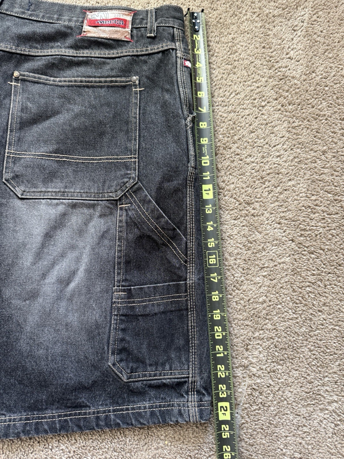 Mecca Y2K Men’s Black Dark Wash Denim Cargo Shorts Zip Closure Logo Pockets
