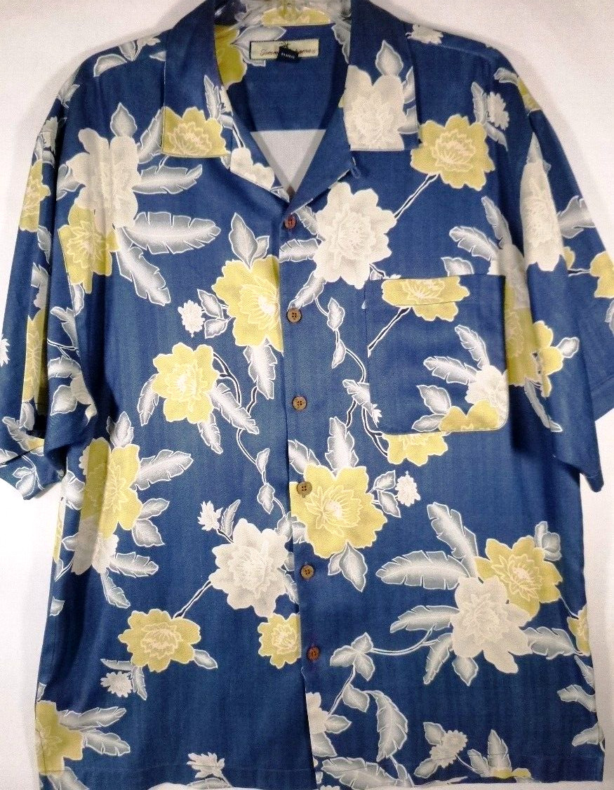 Tommy Bahama-Mens Hawaiian Shirt-Large-Blue Floral-Casual Button Down-100% Silk