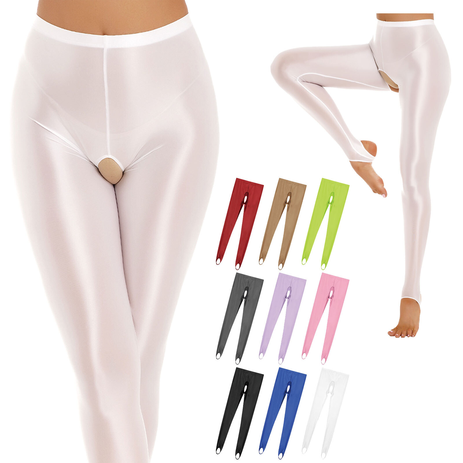 Women’s Crotchless Glossy Stretchy Foot Fitness Yoga Tights Long Pants Shapewear