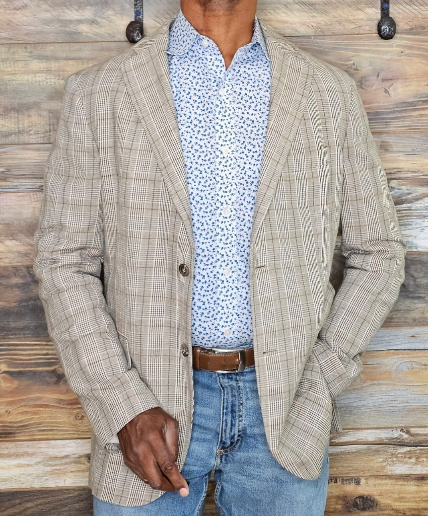 Zara Cotton Linen Dual Vent Unconstructed Brown Plaid Sport Jacket Blazer 40R