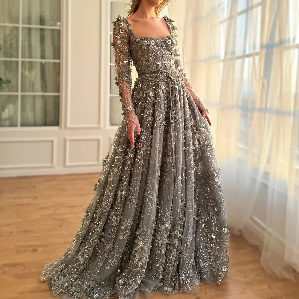 3D Floral Sequin Tulle Evening Gown Square Neck Formal Prom Dresses