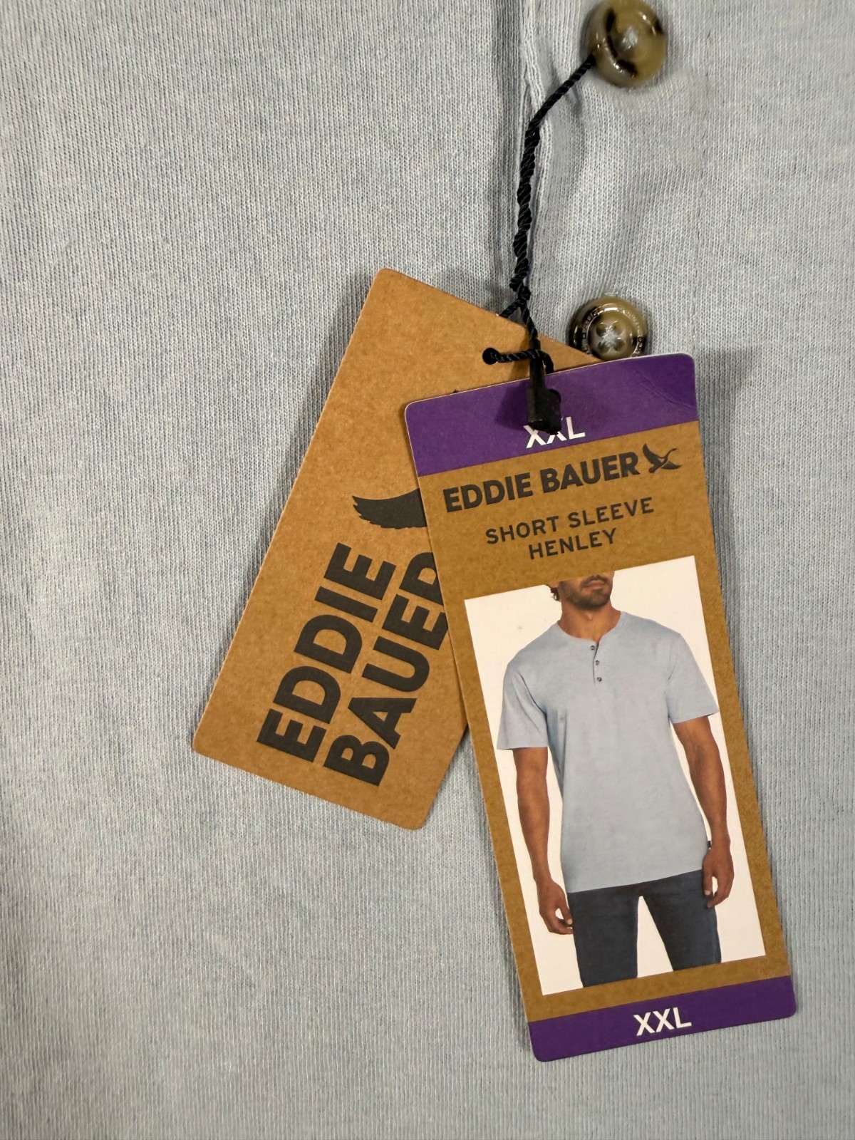 Eddie Bauer Henley T-Shirt Mens 2XL Light Blue Short Sleeve Quarter Button NWT