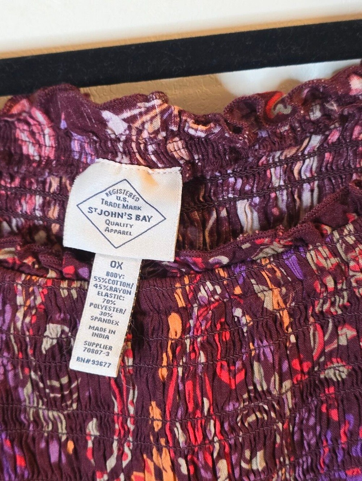 St Johns Bay Burgundy Peasant Blouse Rouched 0x