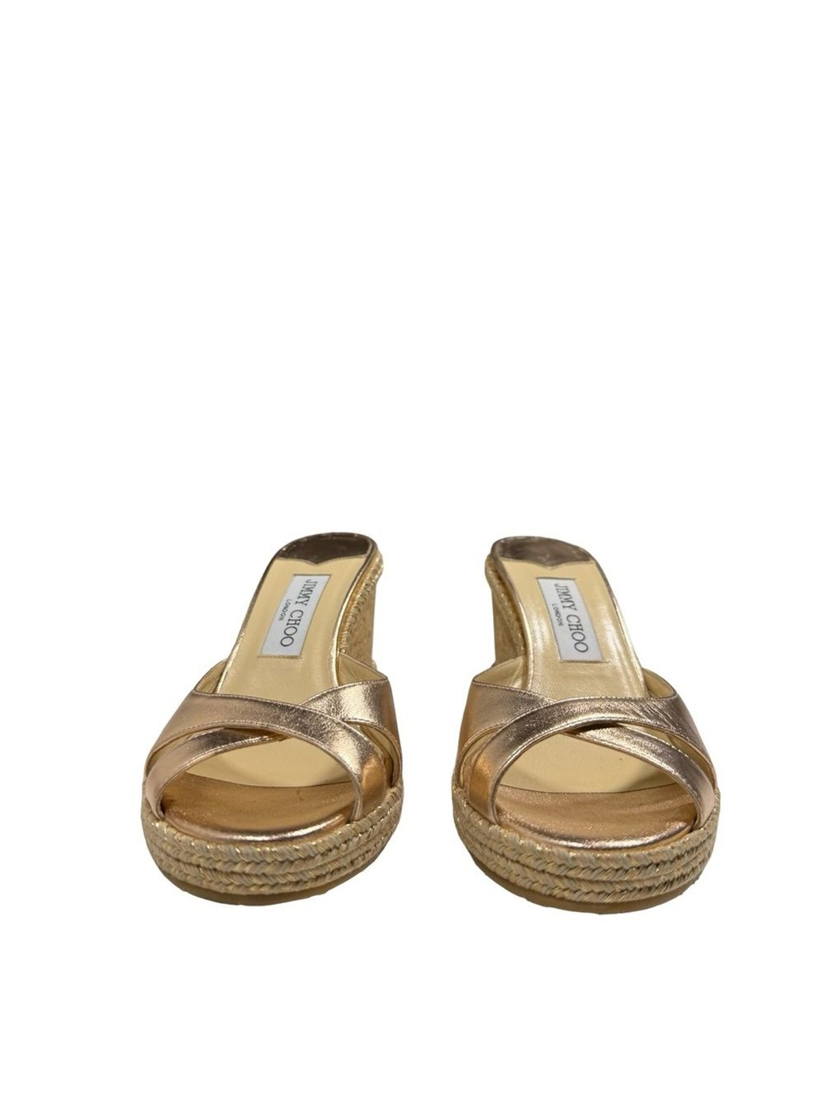 Jimmy Choo London Gold Metallic Cork Wedge Sandals Espadrille Sz Us 9.5 Luxury